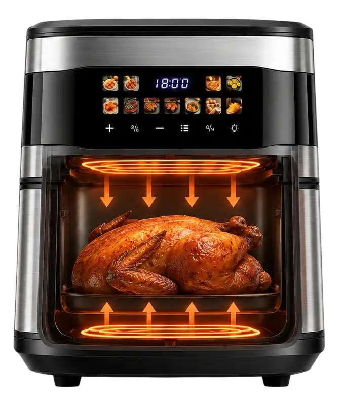 Crispora air fryer showing top and bottom heating