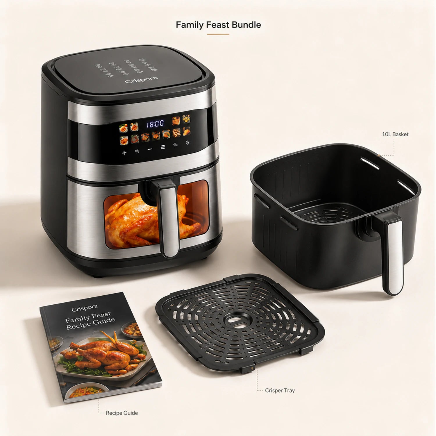 Open basket of the Crispora 10L Visual Window Air Fryer with salmon and vegetables