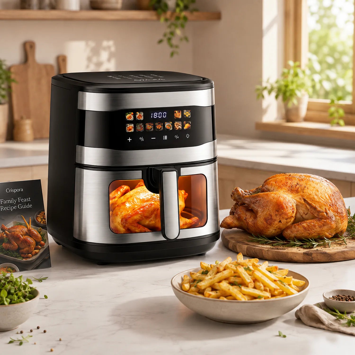 Crispora 10L Visual Window Air Fryer in a kitchen with a cooked family meal