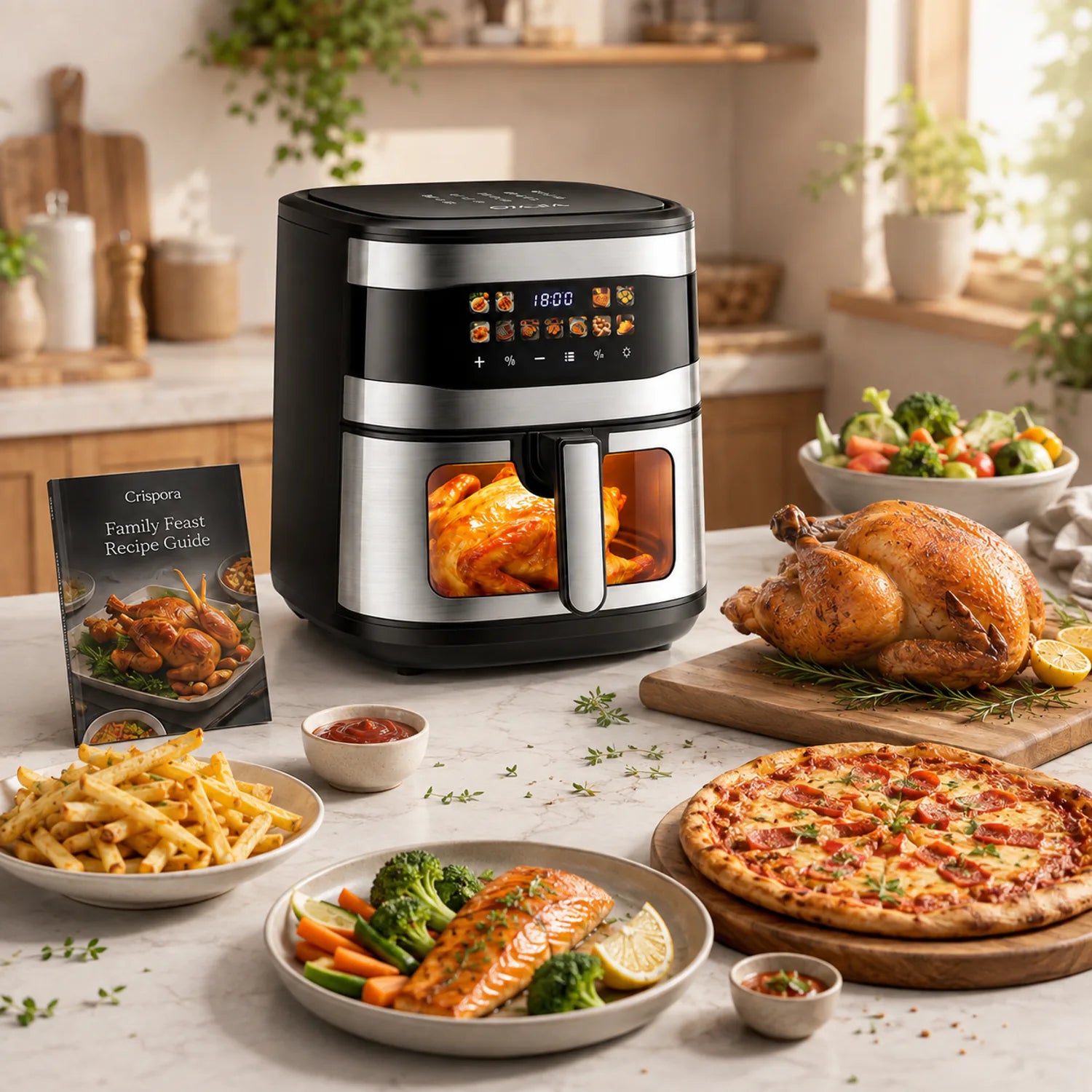 A countertop air fryer in black and stainless steel stands in a bright kitchen setting, surrounded by cooked food dishes including a roasted chicken, pizza, salmon, fries, and a salad. A recipe guide book is placed beside it.