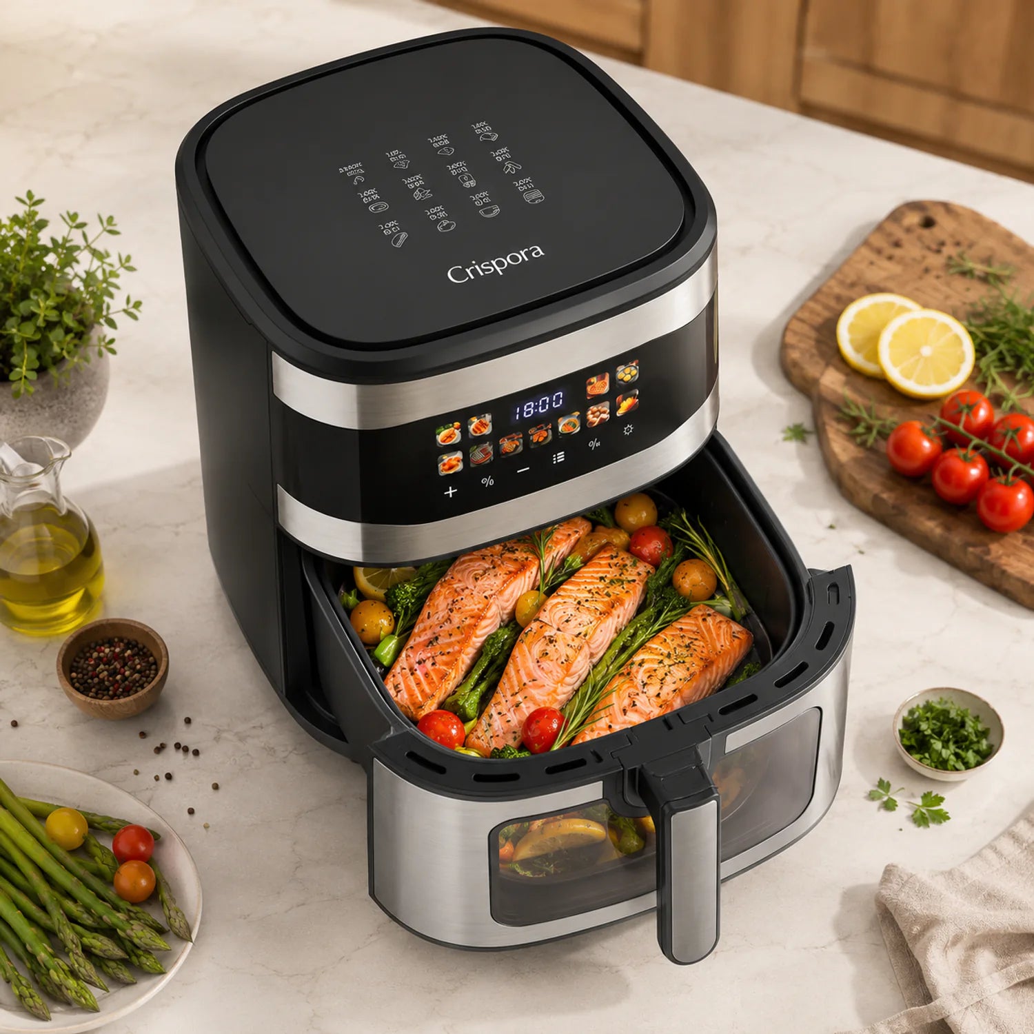 Crispora air fryer with a black and stainless steel exterior, shown with the drawer open and salmon fillets cooking inside with vegetables. The air fryer is set on a light marble countertop surrounded by food ingredients and kitchen props.