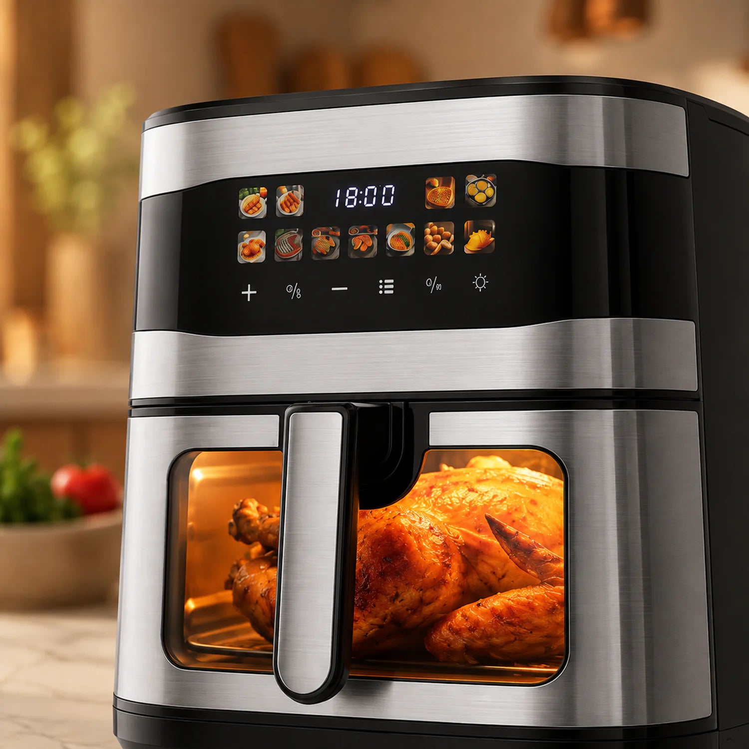 A stainless steel and black air fryer with a digital control panel, shown with a roasted chicken cooking inside. The background is a softly blurred kitchen setting.